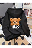 Kız\Erkek Çocuk Siyah Hello Ayıcık Sırt Baskılı Kopşonlu Sweatshirt