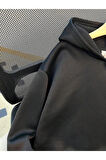 Kız\Erkek Çocuk Siyah Hello Ayıcık Sırt Baskılı Kopşonlu Sweatshirt