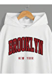 Kız\Erkek Çocuk Beyaz Kırmızı Brooklyn Baskılı Kapşonlu Sweatshirt