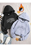 Kız\Erkek Çocuk 2`li Paket California Westcoast Baskılı Siyah Gri Kapşonlu Sweatshirt