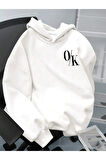 Kız\Erkek Çocuk Beyaz OK Baskılı Kapşonlu Sweatshirt