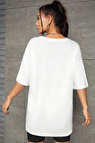 Oversize Panda Baskılı Beyaz Tshirt