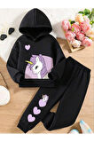 Kız Çocuk Unicorn Kalp Baskılı Kapüşonlu Sweatshirt Eşofman Takımı