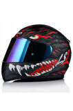 Rapıd 2 Kaıju Mat Siyah-Kırmızı Fullface Motosiklet Kaskı Mavi Camlı