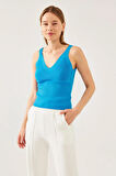 Kadın Mavi Kolsuz Askılı Bel ve Yaka Detaylı Yazlık Atlet Triko Bluz