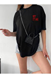 Unisex Siyah Bisiklet Yaka Pamuk Oversize Boyfriend T-shirt