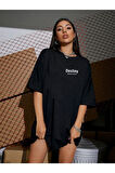 Kadın Oversize Panda Baskılı Siyah T-shirt