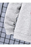 Kız\Erkek Çocuk Gri Kırmızı Bereli Baskılı Kapşonlu Sweatshirt
