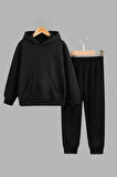 Unisex Çocuk Siyah Kapüşonlu Sweatshirt ve Eşofman Altı Takımı Düz Baskısız