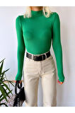 Kadın Yeşil Dik Yaka Uzun Kol Viskon Bluz