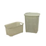 Sağlam Plastik Rattan Hasır Görünümlü Kirli Çamaşır Sepeti- Çamaşır sepeti 2'li Set Çölbeji