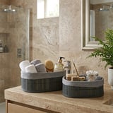 GRİ 2 BOY OVAL BAMBU KENAR ORGANİZER SEPET AHŞAP ALTLIK - BEZLİ 21X14-25X16CM (5372)