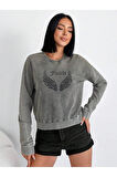 Taş Detaylı Yıkamalı Pamuklu Örme Sweatshirt ANTRASİT