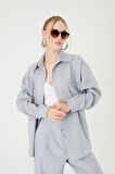 Tek Cepli Oversize Keten Gömlek- Gri