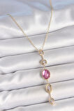 Pirinç Zincir Gold Renk Pembe Zirkon Taşlı Y Kolye - TJ-BKO10228