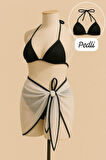Kadın Siyah Beyaz Pareolu Yandan Ve Boyundan Bağlamalı 3'lü Bikini Takımı