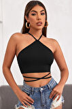 Kadın Siyah Sırtı Açık Boyundan Çapraz Bağlamalı Crop Top Bluz
