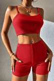 Kadın Kırmızı Şortlu Kaşkorse Gecelik Takım