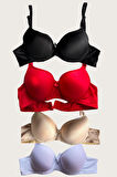 Siyah-beyaz-kırmızı-ten 4'lü İçi Boş Micro Balenli Günlük Tek Desteksiz Sütyen