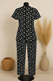 Kadın Siyah Beyaz Kalp Desenli Fiyonklu Kısa Kollu Pijama Takımı