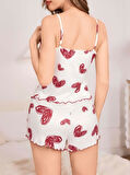 Kadın Beyaz Kalp Desenli Şortlu Gecelik Pijama Takımı 5052