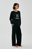 Giyim Kadın Siyah Boğa Burcu Oversize 2 İplik Eşofman Ev Giyim Takımı