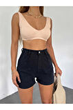 Kadın Siyah Çift Cepli Pileli Mini Denim Şort