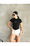 Al@ Kabartmalı Basic Siyah Kadın T-shirt Body