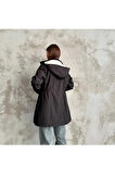 Kapüşonlu Çift Cepli Fermuarlı İçi Peluş Kürk Dışı Bondit Kumaş Kadın Trençkot Kadın Mont
