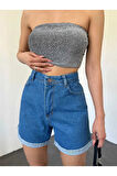 Duble Paça Kısa Kadın Kot Şort