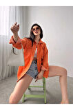 Çift Cepli Yırtık Efektli Oversize Denim Kadın Gömlek Ceket