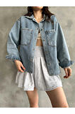 Çift Cepli Oversize Kadın Kot Denim Gömlek Ceket
