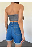 Duble Paça Kısa Kadın Kot Şort