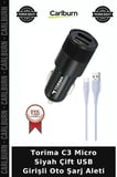 Özel Seri Torima C3 Micro Siyah Çift USB Girişli Oto Şarj Aleti Gereç Seyahat Bağlantı
