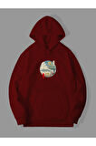 Üç İplik Totoro Baskılı Unisex Kırmızı Kanguru Cepli Kapüşonlu Sweatshirt Hoodie | L