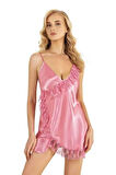 Pembe Kısa Saten Gecelik 8229