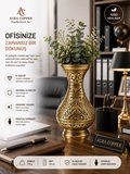 El İşlemeli Eskitme Desenli Bakır & Gold Sarı Pirinç Vazo 23 cm – El İşçiliği Dekoratif Salon Mutfak Konsol Çiçeklik ve Ofis Vazosu Obje