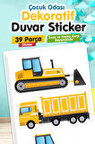  İş Makineleri Çocuk Odası Duvar Etiketleri Duvar Sticker Seti Inşaat Araçları, Vinç, Kamyon, Buldozer-T1181
