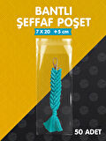 Bantlı Şeffaf Poşet (7x20+5 cm)   50 Adet Parlak Jelatin Paket Hediye Poşeti -T1204