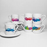 DÜNYA ŞEHİRLERİ TEMALI BASKILI PORSELEN 6LI TÜRK KAHVESİ FİNCAN TAKIMI