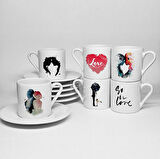 LOVE AŞK TEMALI BASKILI PORSELEN 6LI TÜRK KAHVESİ FİNCAN TAKIMI