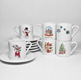 YENİ YIL TEMALI BASKILI PORSELEN 6LI TÜRK KAHVESİ FİNCAN TAKIMI