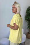 Sarı Sırt Dantel Detay Keten Penye Garnili Bluz