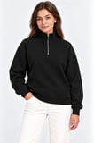 Üç İplik İçi Şardonlu Dik Yaka Yarım Fermuarlı Kışlık Sweatshirt - Siyah