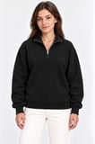 Üç İplik İçi Şardonlu Dik Yaka Yarım Fermuarlı Kışlık Sweatshirt - Siyah