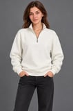 Üç İplik İçi Şardonlu Dik Yaka Yarım Fermuarlı Kışlık Sweatshirt - Beyaz