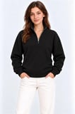 Üç İplik İçi Şardonlu Dik Yaka Yarım Fermuarlı Kışlık Sweatshirt - Siyah