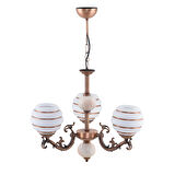 ÜÇ  KOLLU ZAMAK AVİZE BAKIR KREM ÇİNİLİ KAHVERENGİ ÇİZGİLİ BEYAZ CAMLI