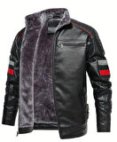 İçi Kürklü Kolları Yatay Kırmızı ve Gri Çizgili Mont