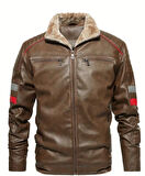 İçi Kürklü Kolları Yatay Kırmızı ve Gri Çizgili Mont